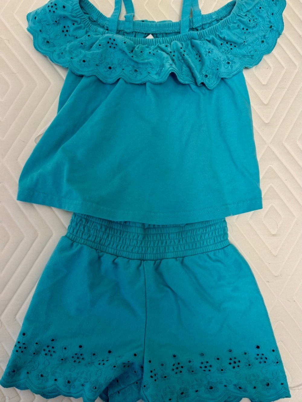 Shabby Chic Turquoise Blue Girls Matching Set - Eyelet Top & Shorts